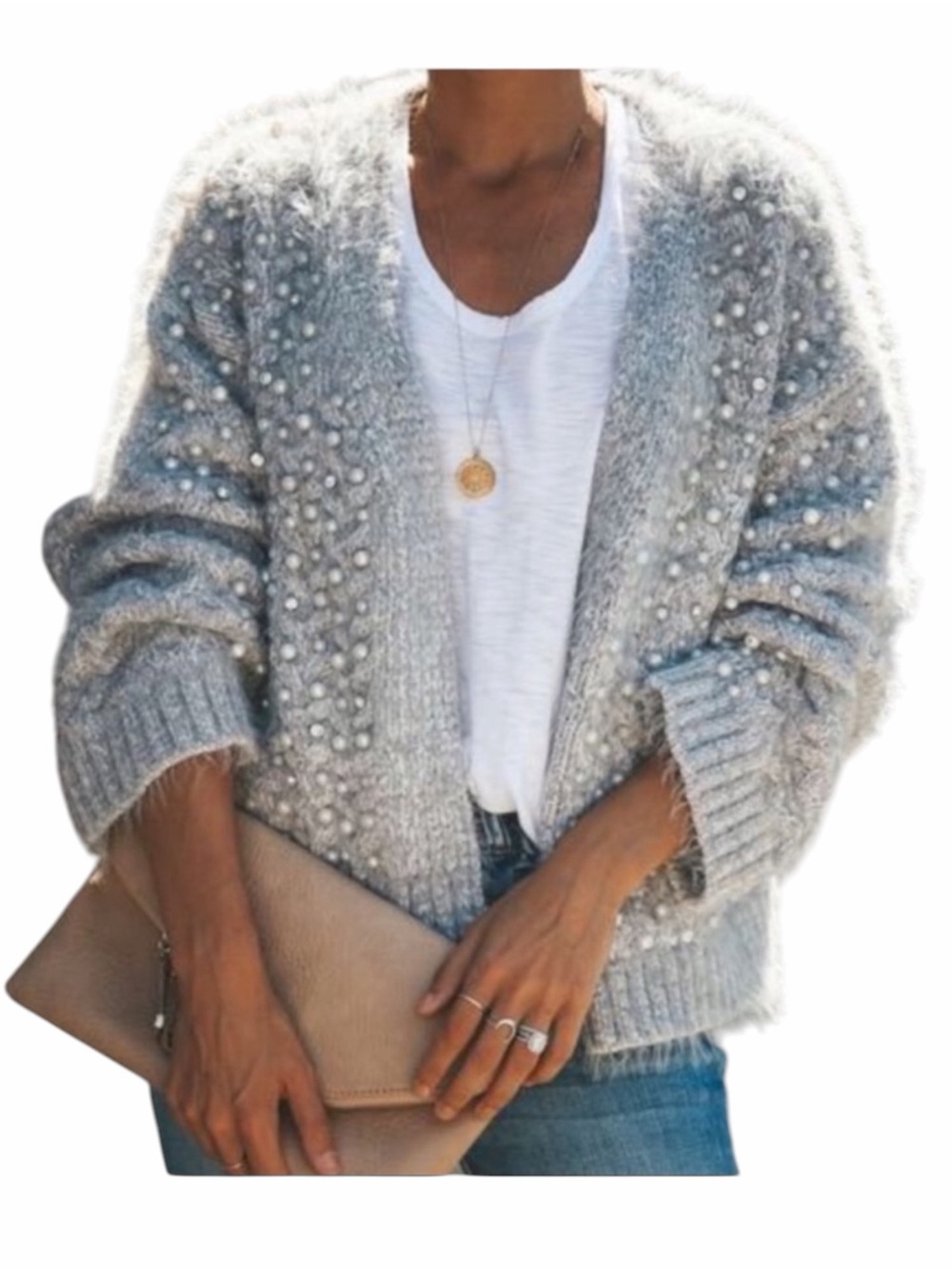 Pol Alpaca Pearl Rhinestone Cardigan S Gray Fuzzy Open Front Cozy